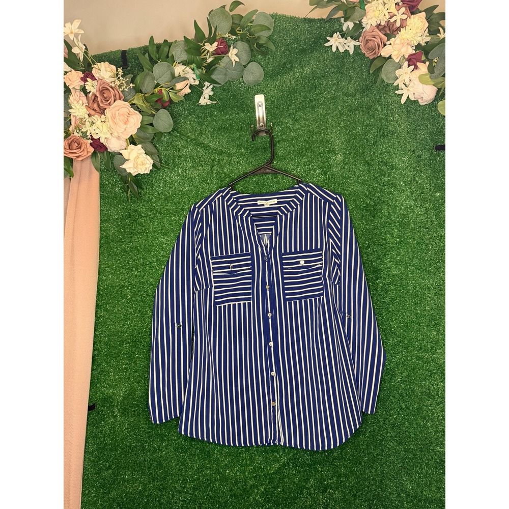 Notations Blue White Striped Button Front Blouse Roll Tab Sleeve Women's Small